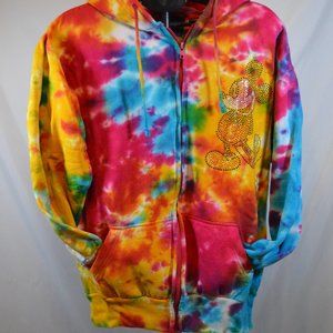 Disney Tie-Dyed Red/Green/Orange Sequined Mickey Mouse Size M Men's Zip Hoodie